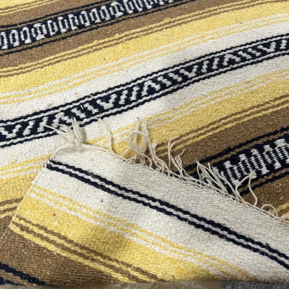 Traditional FALSA Mexican Hand Woven Sarape Throw Yellow, Black, Beige 53” X 86”